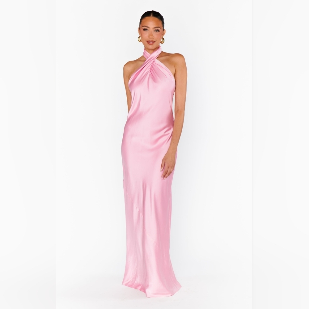 Show Me Your MuMu Jasmine Halter Maxi Light Pink Luxe Satin Dress M Wedding Prom - Picture 6 of 11